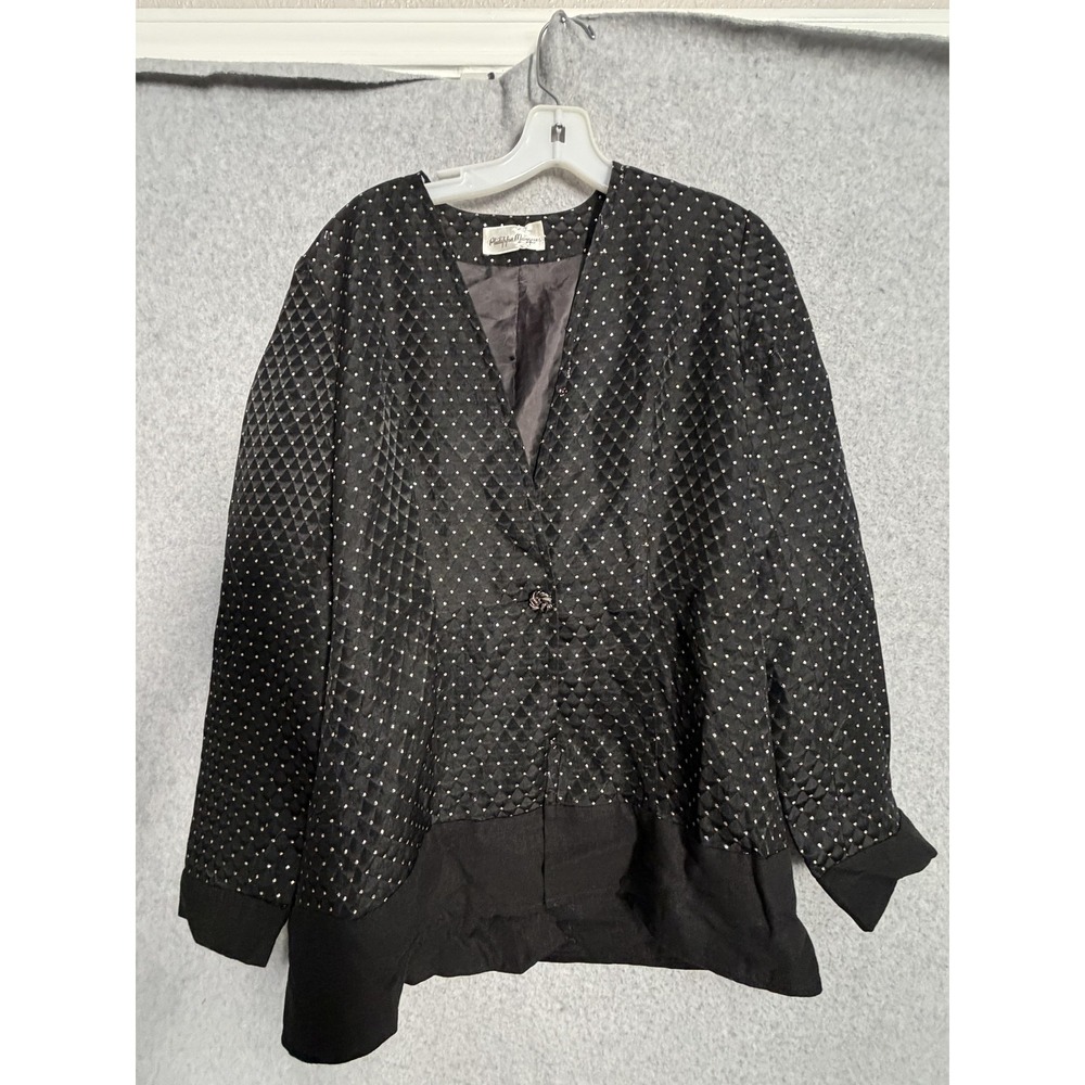 Vintage Philippe Marques Jacket Womens 6 Black Quilted Polka Dot Satin Evening